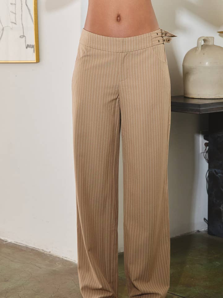 Pinstripe woven pants w/ double buckle detail for wholesale by No Vacancy