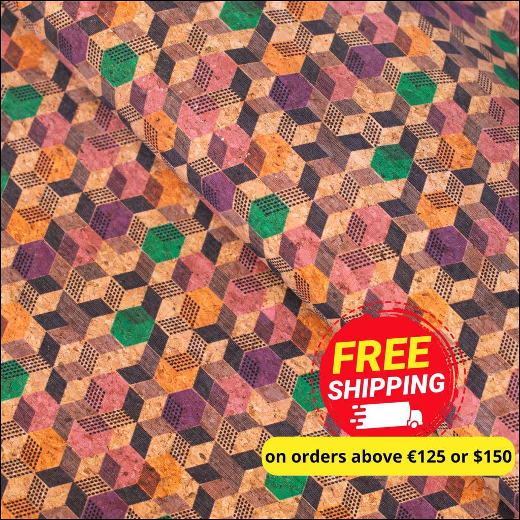 Meninas Bonitas Cork - Wholesale Fabric - Geometric Cubes Print on Natural Cork Material COF-4720