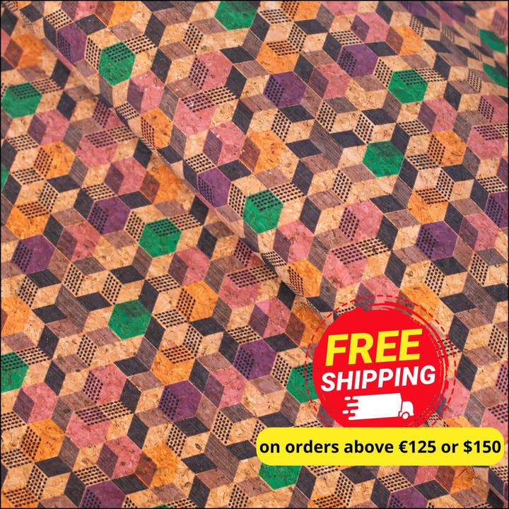 Meninas Bonitas Cork - Wholesale Fabric - Geometric Cubes Print on Natural Cork Material COF-472