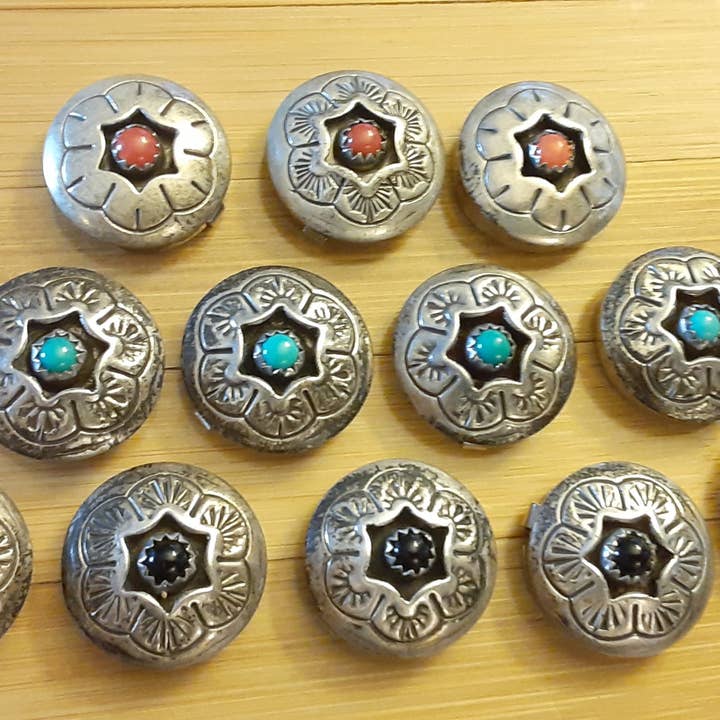 Jane A Gordon: Jewelry Art Gifts Inspiration - Wholesale Lapel Pin/Button - Vintage Button Covers, Western Style Cowboy - Turquoise, Onyx, Coral in Sterling Silver