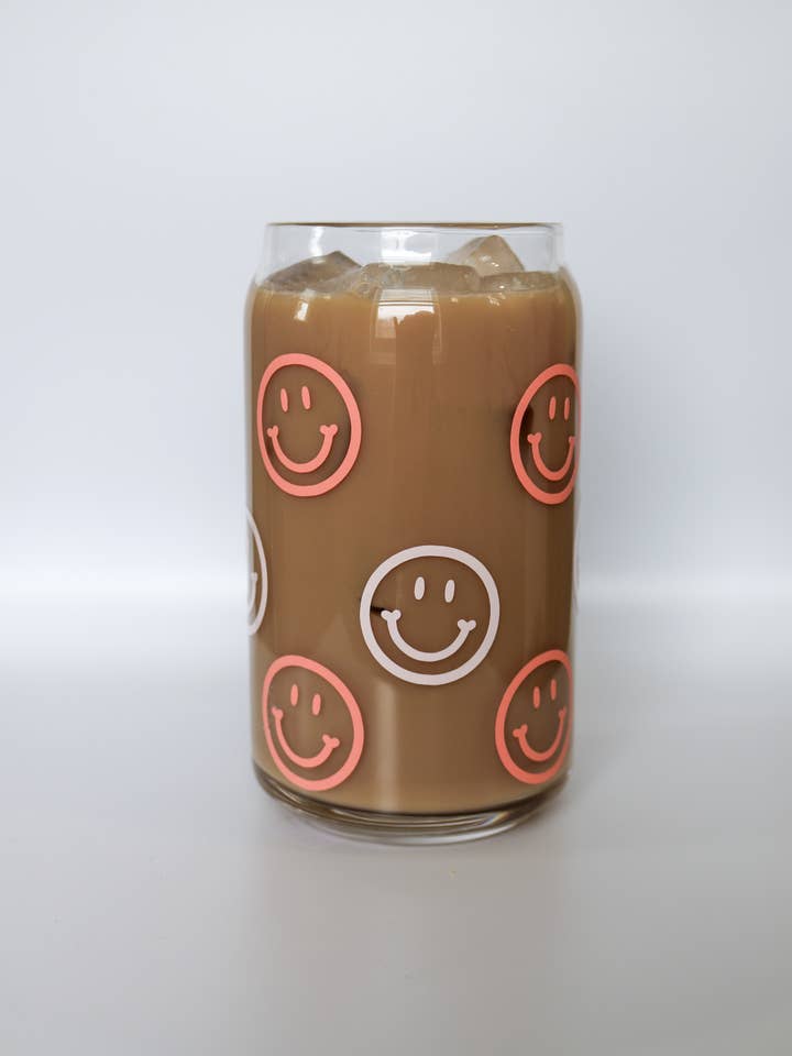 Pink Smiley Glass Can for wholesale by Rosey Design Co.
