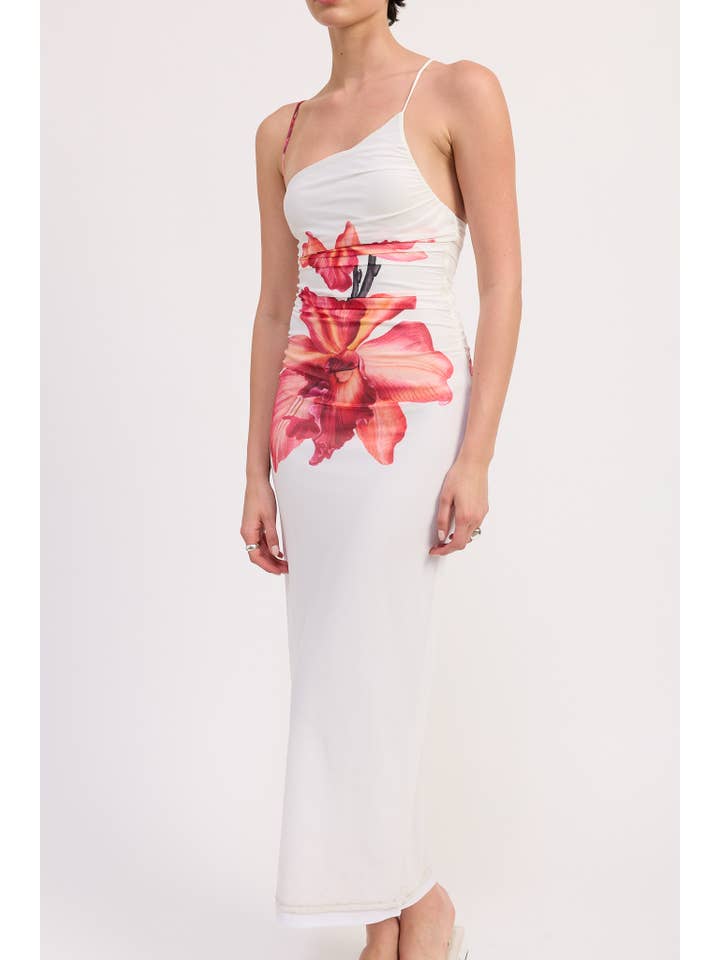 WHITE PINK FLORAL PRINTED ONE SHOULDER RECHED DRESS for wholesale on Faire