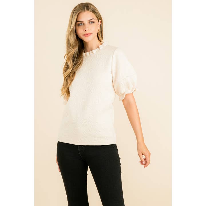 Cream Textured Puff Sleeve Top with Ruffle Neckline for wholesale by THML
