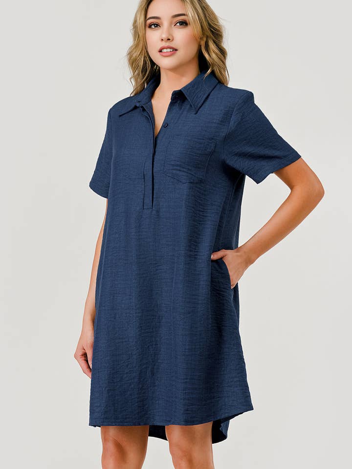 Ellie Collared Short Sleeve Shift Dress Navy MBD-9750 for wholesale by Pixi + Ivy