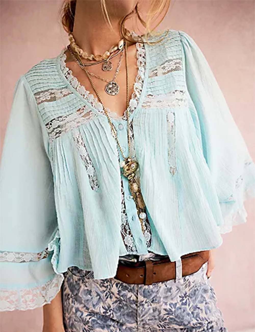 Sweetkama - Wholesale Blouse – Women’s - Ladies Solid Color Eyelets Ruffle Lace Blouse0