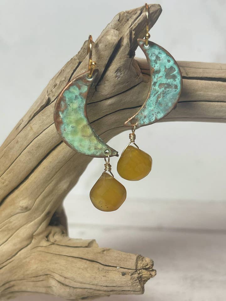 Hand-Painted Moon & Yellow Chalcedony Earrings for wholesale by Rage Gems & Jewelry