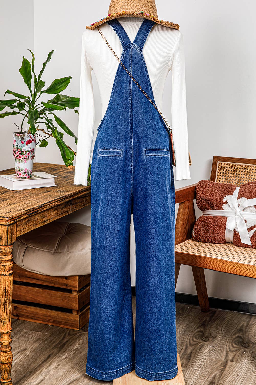 As shown Mineral Wash Knot Strap Patch Pocket Wide Leg Denim Overalls for wholesale on Faire1
