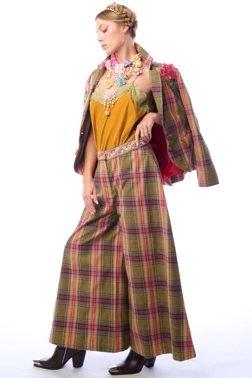 Olive Plaids Combo Season Statement Pants for wholesale on Faire5