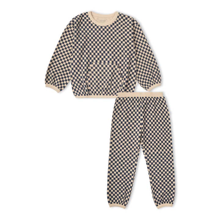 Organic Tee & Pant Slouch Set - Midnight Check for wholesale by Makemake Organics