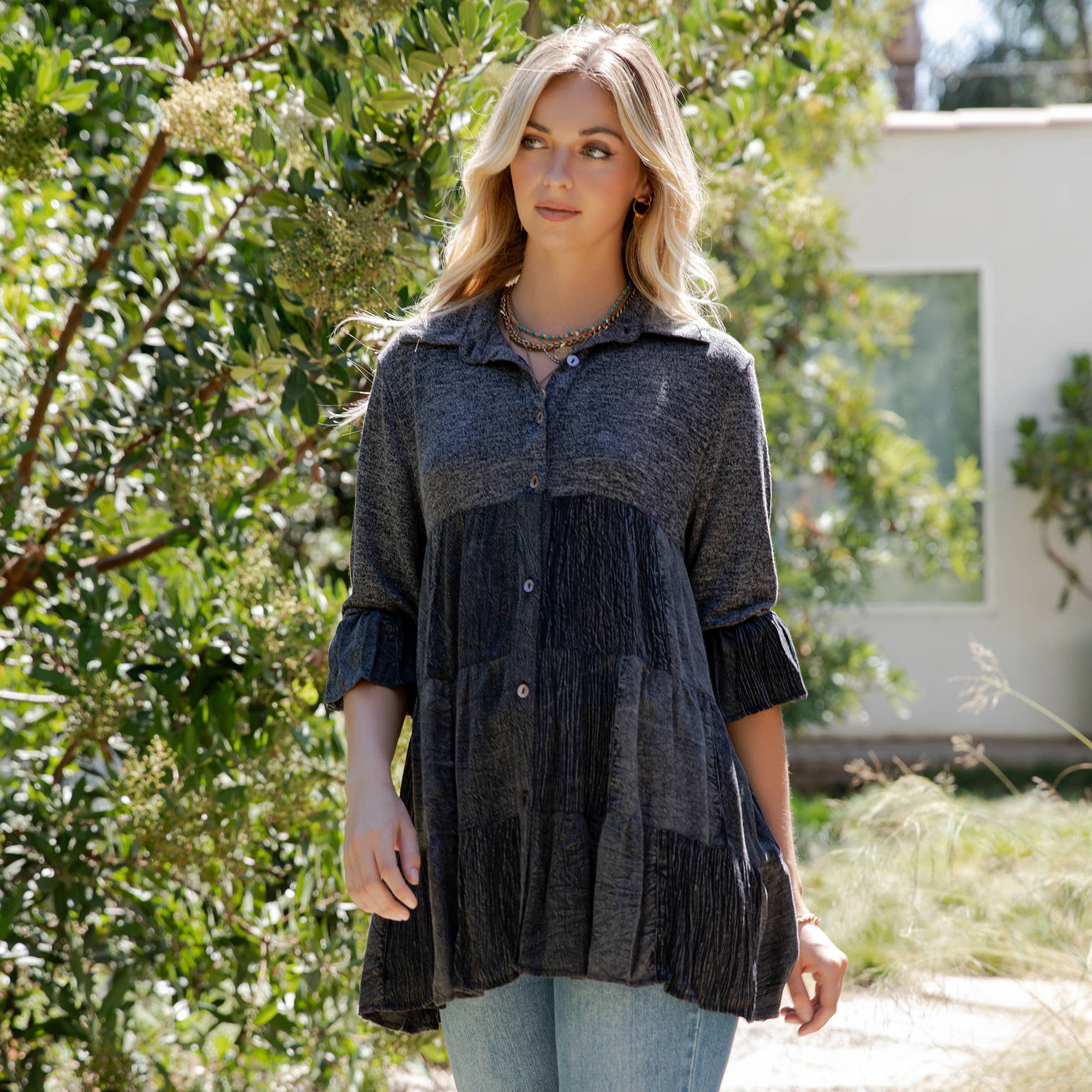 Young Threads - Wholesale Blouse - Women's - Western Denim Yoke Patchwork Tiered Tunic Top (New Color)27