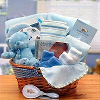 Simply The Baby Basics New Baby Gift Basket- Blue for wholesale by Gift Basket Drop Shipping