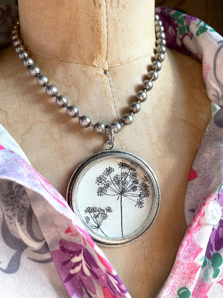 Large Chunky Silver Necklace - b&w botanical, nature imagery for wholesale by joeyfivecents