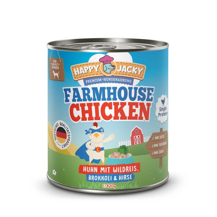 HAPPY JACKY - Vente Nourriture – chien - HAPPY JACKY | nourriture humide haut de gamme extra sensible pour chiens sans céréales | Poulet avec riz sauvage, brocoli & millet | sans conservateurs, sans sucre