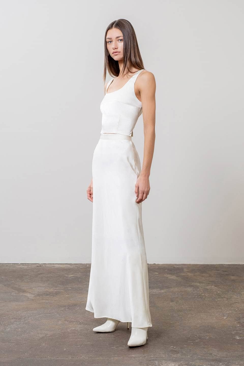 IVORY HIGH WAIST SATIN MIDI SKIRT for wholesale on Faire2