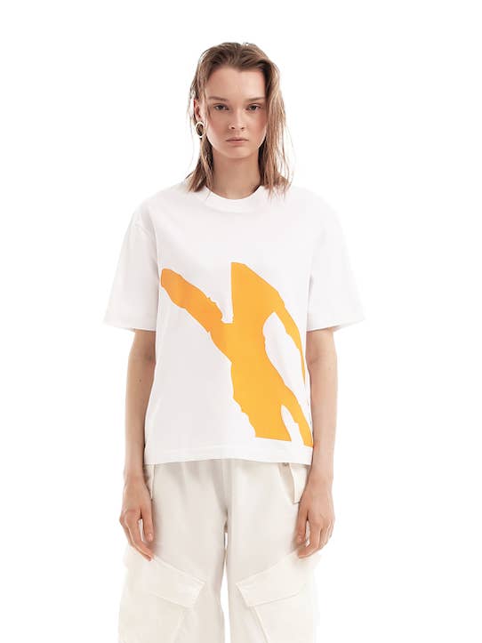Yellow Stripe White Tee "Awaken" for wholesale by FOXYLAB New York