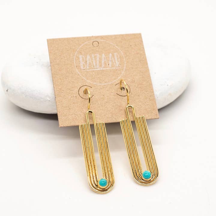 Baizaar - Wholesale Dangle Earrings - Brass Deco Turquoise Wave Earring