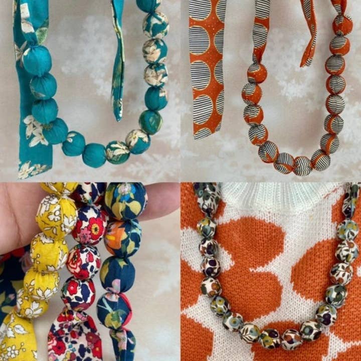 Mixed Selection Fabric Beaded Necklace made with Liberty Navy, Mustard for wholesale on Faire7