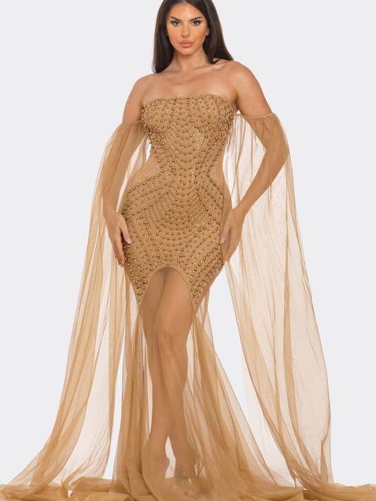 Vestido con Hombros Descubiertos Adornado con Perlas/Piedras de Imitación BDS71770P1 para venta al por mayor de BANJUL