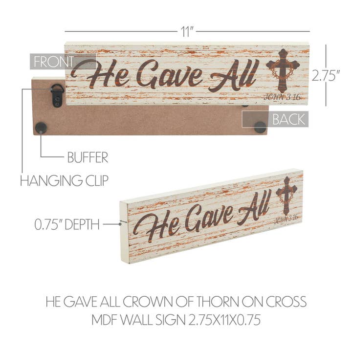 VHC Brands - Wholesale Sign - Celebrate Grace He Gave All w/ Crown Of Thorn On Cross MDF Wall Sign 2.75x11x0.75