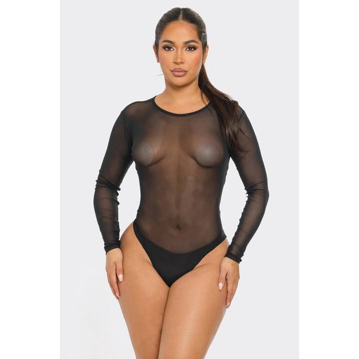 Body de Malha Transparente de Manga Comprida Cor Sólida por atacado de SEXY STAR DESIGN INC