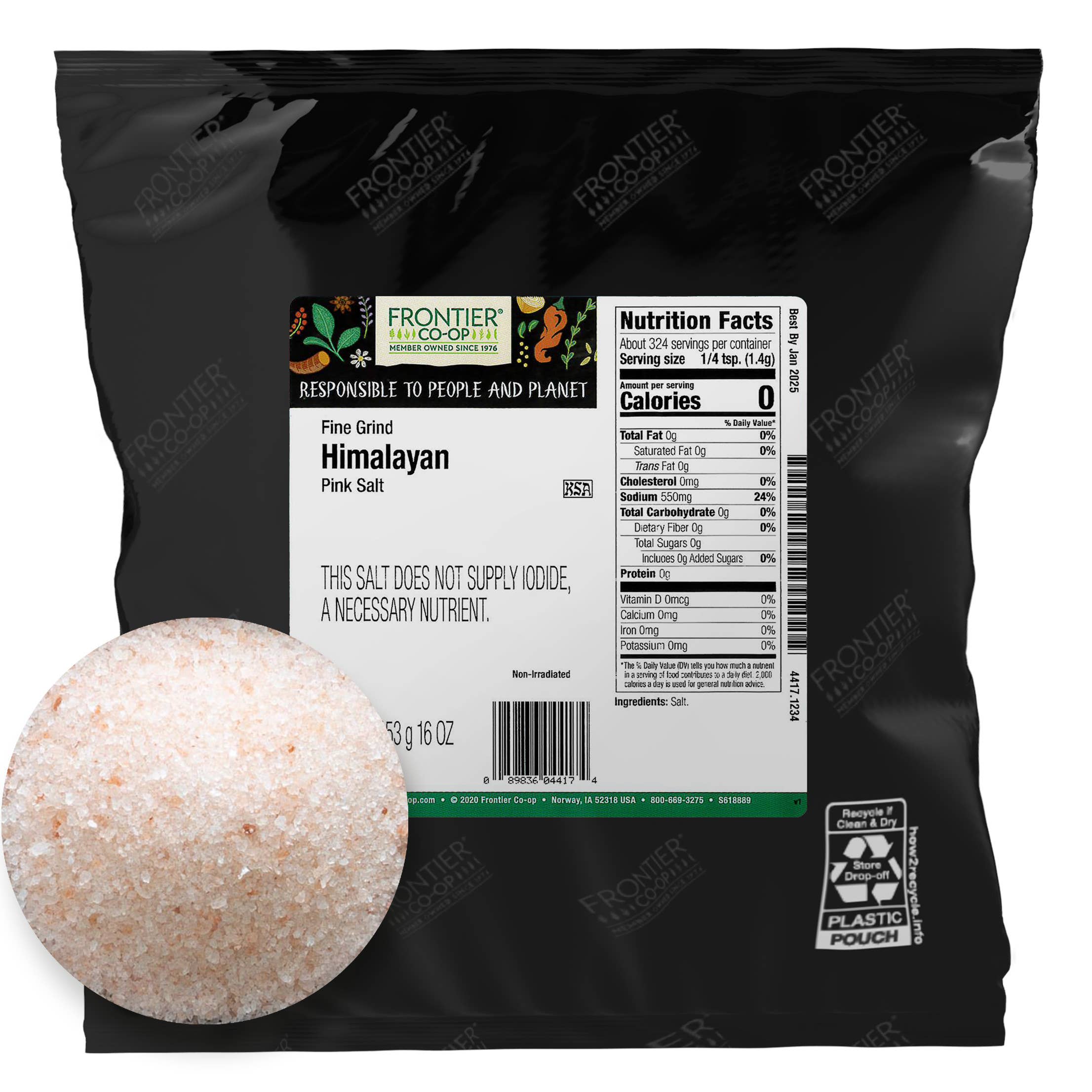 Frontier Co-op - Wholesale Salt - Himalayan Pink Salt, Fine Grind, Kosher, Non ETO, Bulk, 1lb1