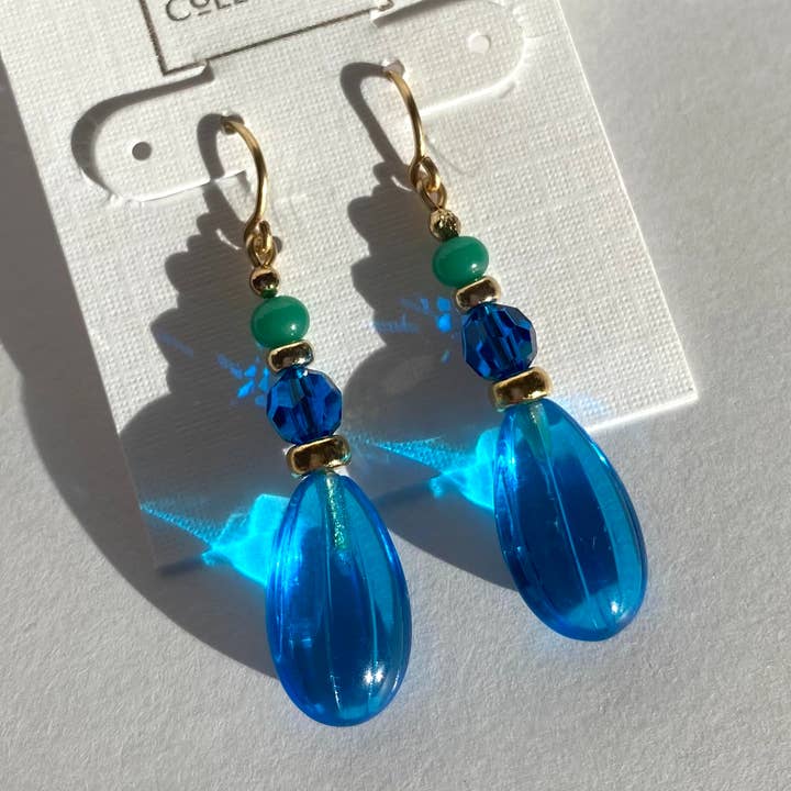 848 - BRIGHT BLUE GLASS EARRINGS, JADE GLASS, GOLD ACCENTS for wholesale by Owen Glass Collection
