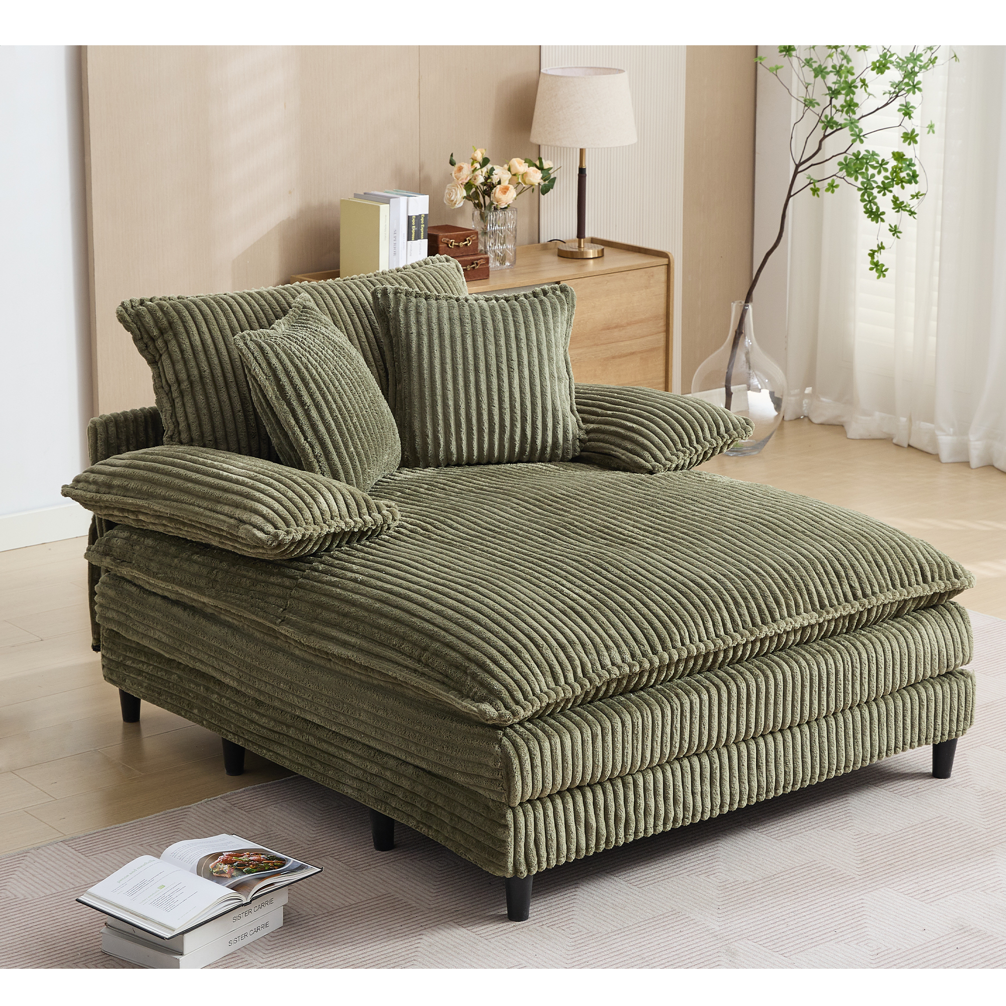 39F Inc. - Wholesale Sofa - NEW 54.75" Green Corduroy Chaise Lounge - 4 Gears, 2 Pillows2