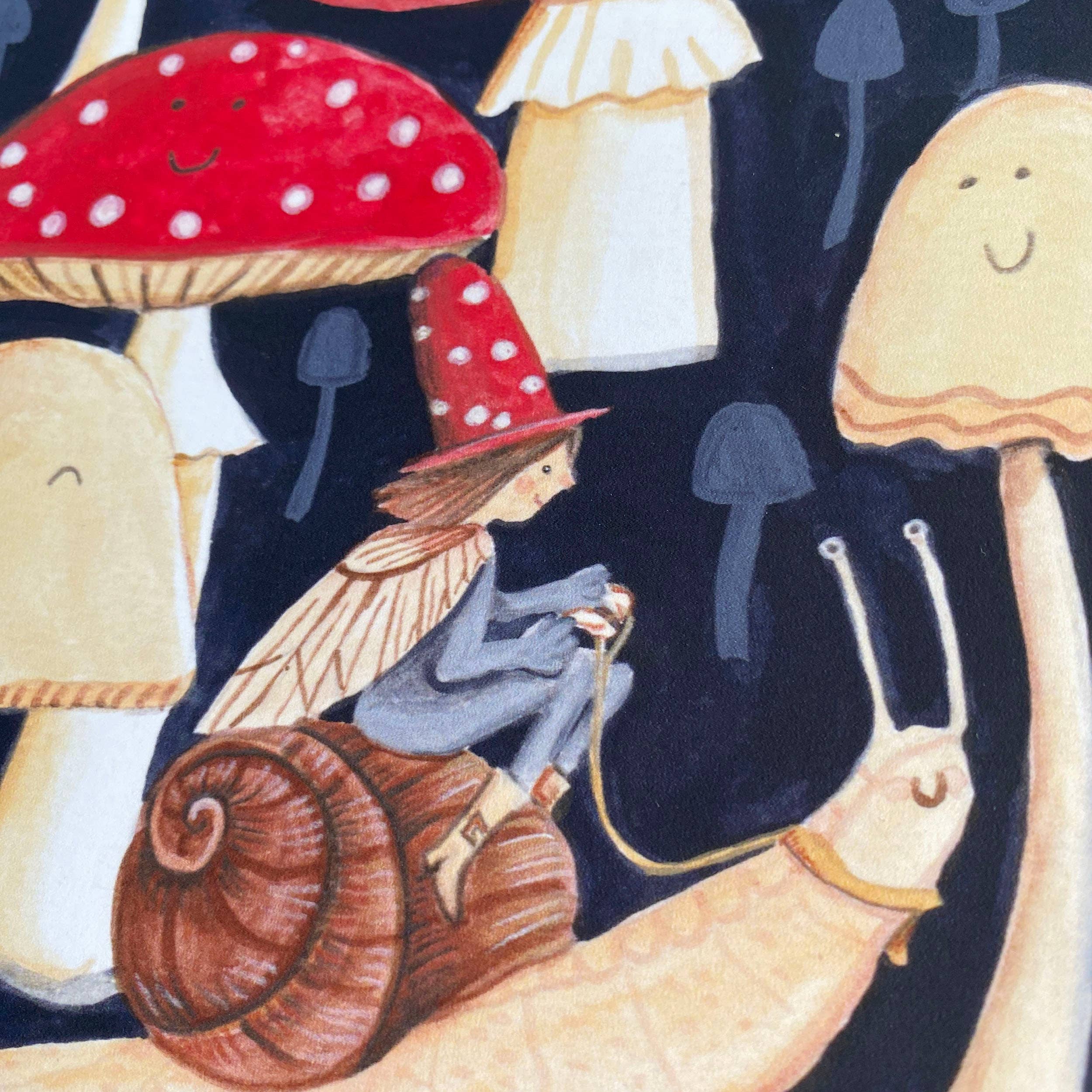 Juliet Thomas Doodles - Wholesale Everyday Greeting Card - Elf riding a snail in a toadstool forest greetings card, A61