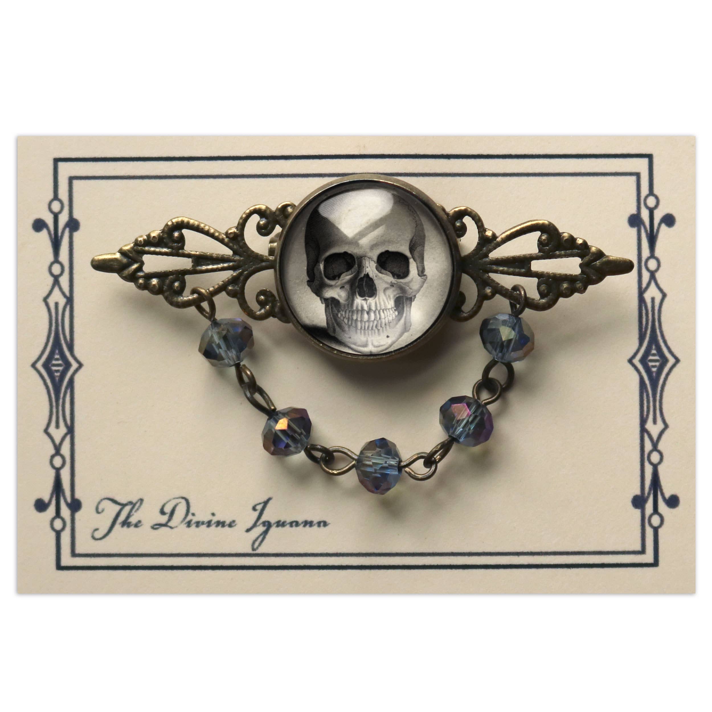 The Divine Iguana – wholesale Brooch – Pale Skull Goth Bead and Filigree Halloween Brooch2