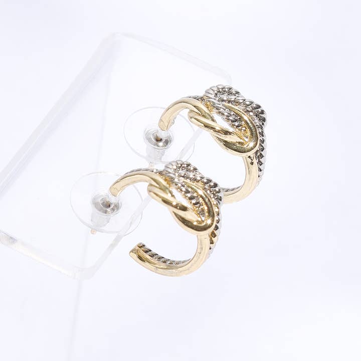 Two-Toned Chain Knotted Huggie Hoop Earrings for wholesale by Fashion City