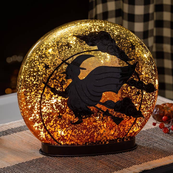 Witch on Broom LED Crackle Glass Table Décor, 9.75"H for wholesale by Evergreen Enterprises