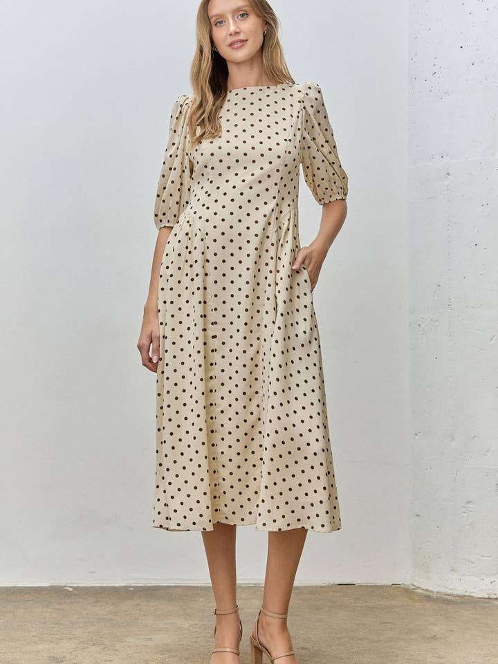 (PLUS) Classic Polka Dot Puff Sleeve Midi Dress for wholesale by Polagram by Wellmade USA