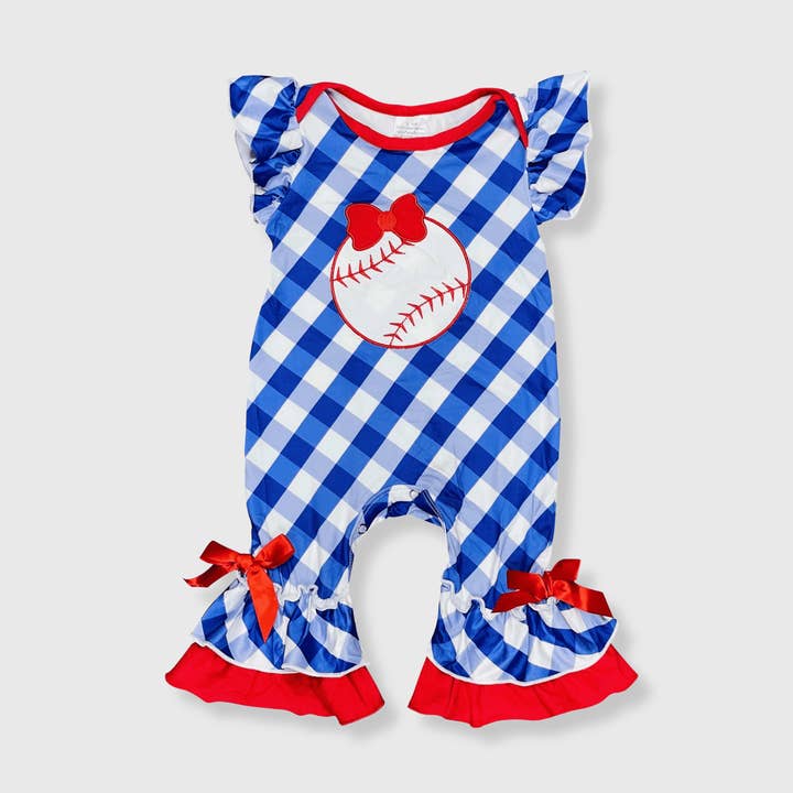 Baseball Blue Checkered Romper Kids for wholesale by ILTEX Apparel