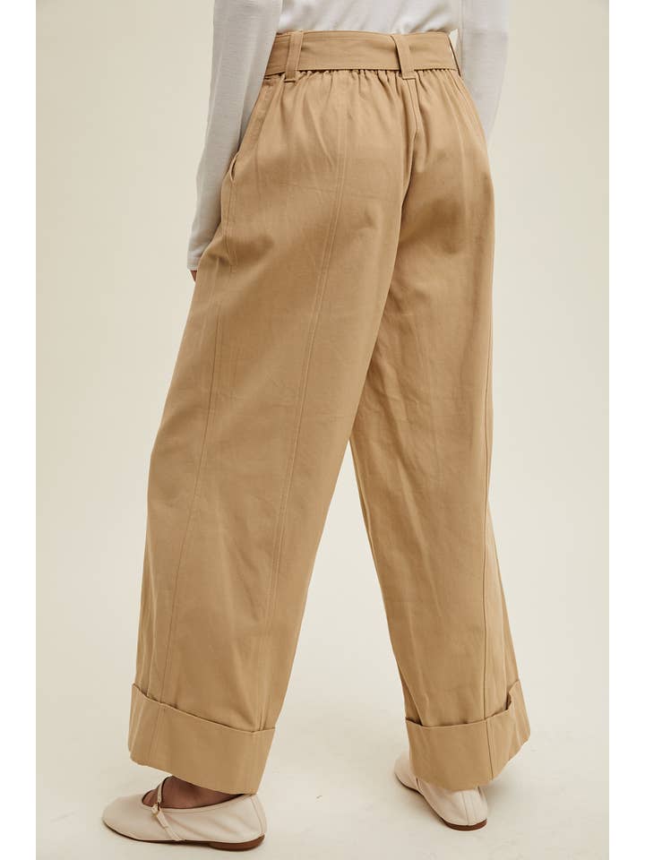 KHAKI CUFFED WIDE LEG BELTED PANTS / WL24-9549 for wholesale on Faire2
