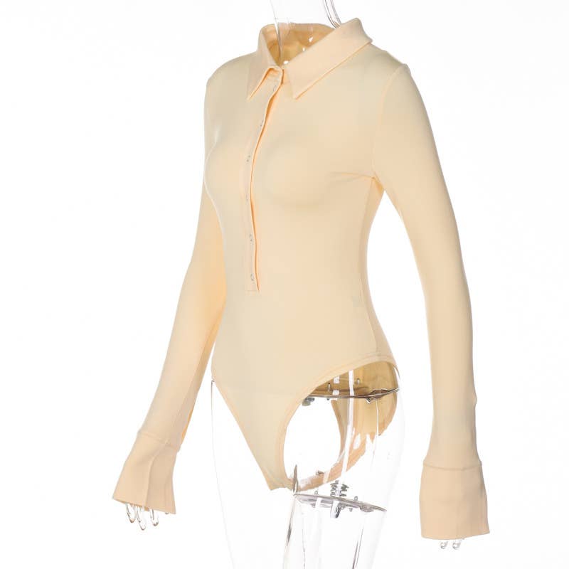 UNISHE - Wholesale Bodysuit - Women's - Plain Button UP Long Sleeves One Piece Bodysuit ZZKF41017