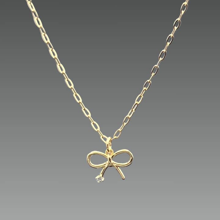 Gold Mini CZ Ribbon Bow Necklace for wholesale by Something Silver