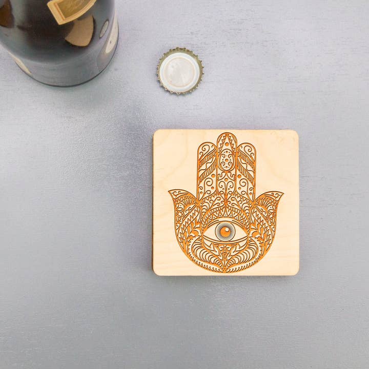 Hamsa Coasters | Engraved Wood Coasters | Spiritual Drinkware Coasters | Housewarming Gift for wholesale by Personal Mementos