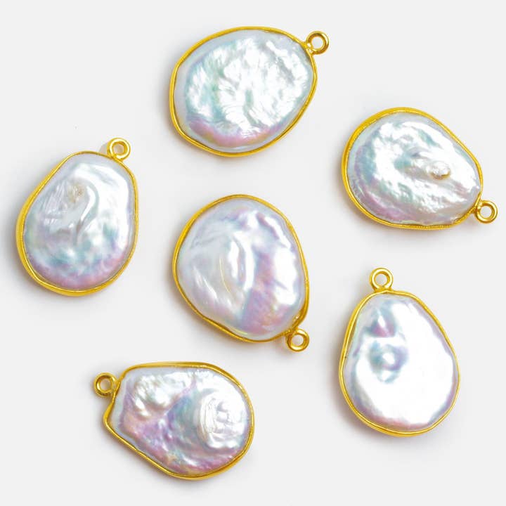 25x17mm Vermeil Bezeled White Coin Pearl Pendant 1 Piece for wholesale by The Bead Traders