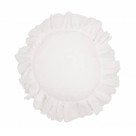 Round cushion with white cotton voile ruffles for wholesale by Mouche Paris