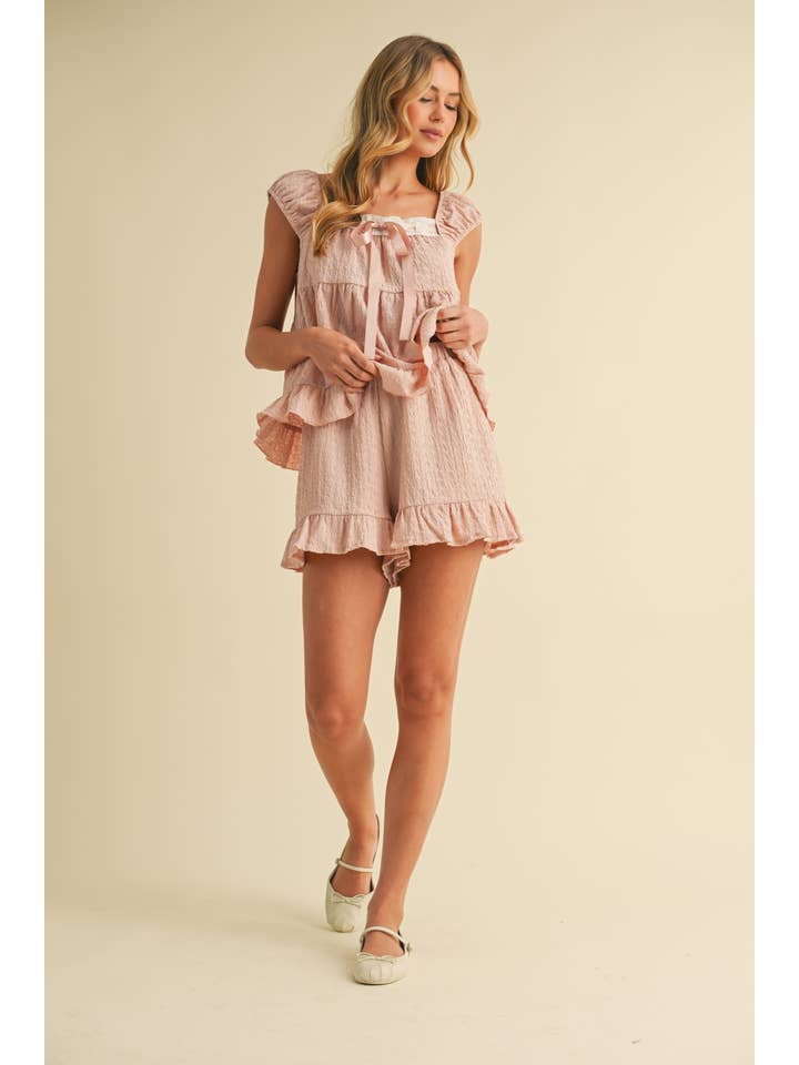 Klesis - Wholesale Lounge Set - Women's - IST5888 CONTRAST RIBBON RUFFLED HEM TOP AND SHORTS SET9