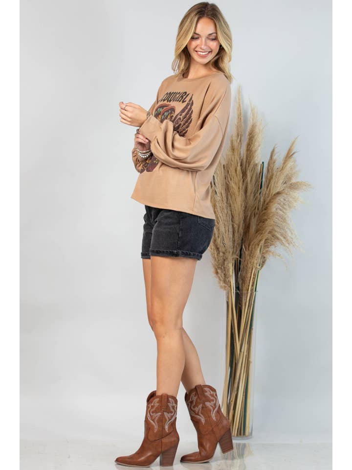 Mocha AV1171-ALEX COWGIRL BOOTS GRAPHIC SWEATSHIRT for wholesale on Faire5