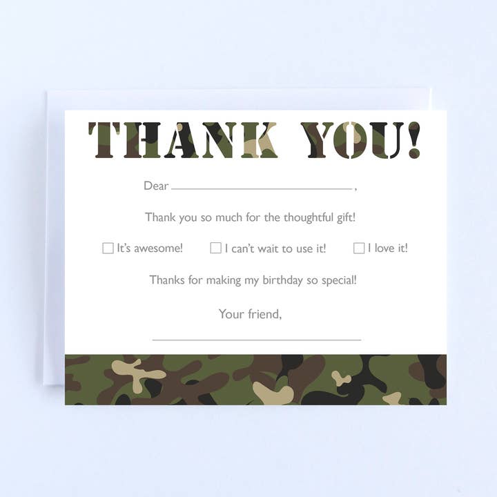 Fill-in Thank You Notes: Green Camo - Boxed Set of 10 for wholesale by The Cornerstone Studio