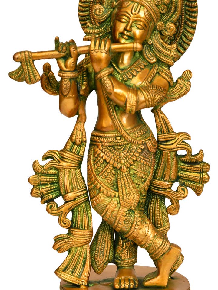 13" Lord Krishna spielt Flöte in Messing | Handgefertigt für den Großhandel von Exotic India Art