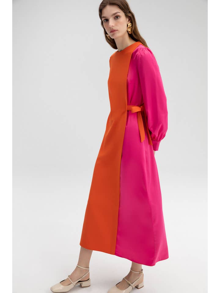 Orange COLORBLOCK SIDE-TIE LONG SLEEVE MIDI DRESS for wholesale on Faire