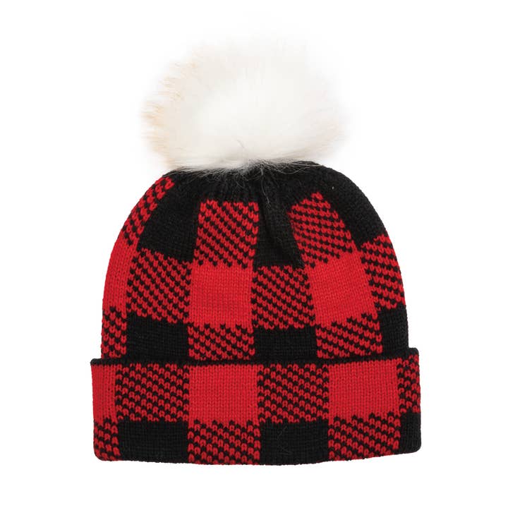 Büffelkarierte Kindermütze mit Kunstpelz-Pom für den Großhandel von Bay Sky Home