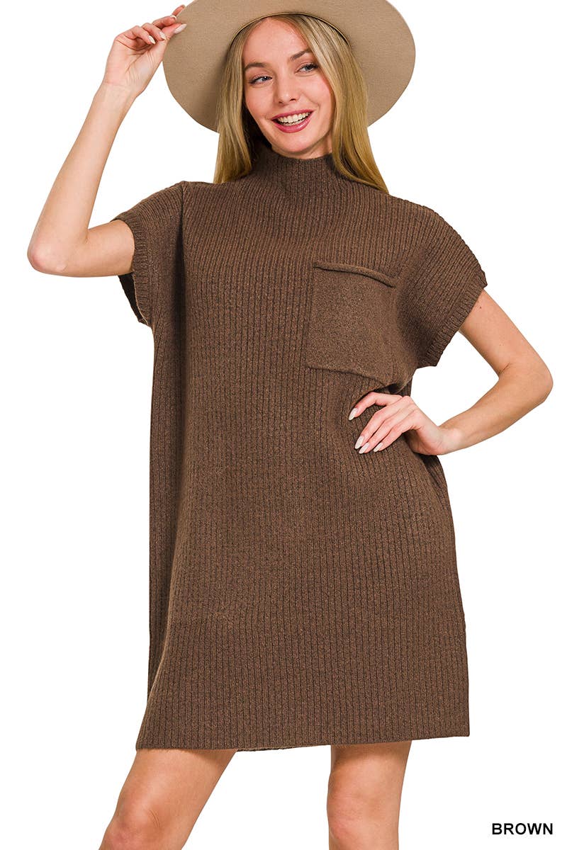 42POPS - Wholesale Dress - Women's - ..SI-26560 Mock Neck Short Sleeve Sweater Dress With Pocket19