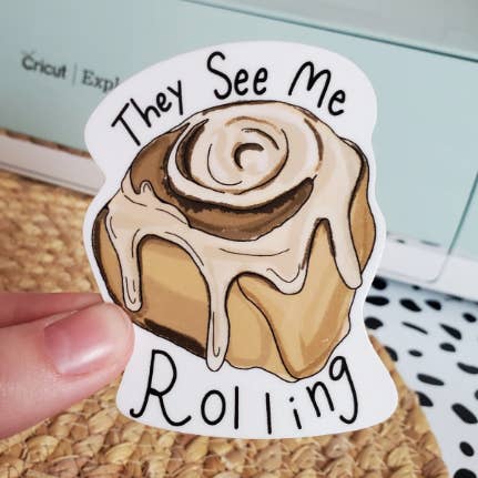Cinnamon Roll Pun Vinyl Sticker for wholesale by Claire L Designs