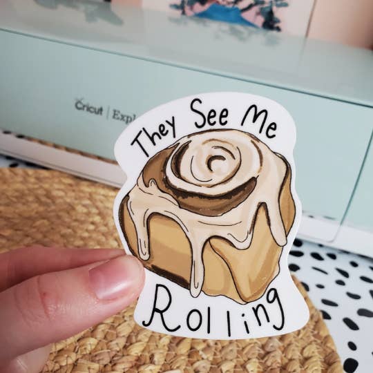 Cinnamon Roll Pun Vinyl Sticker for wholesale by Claire L Designs
