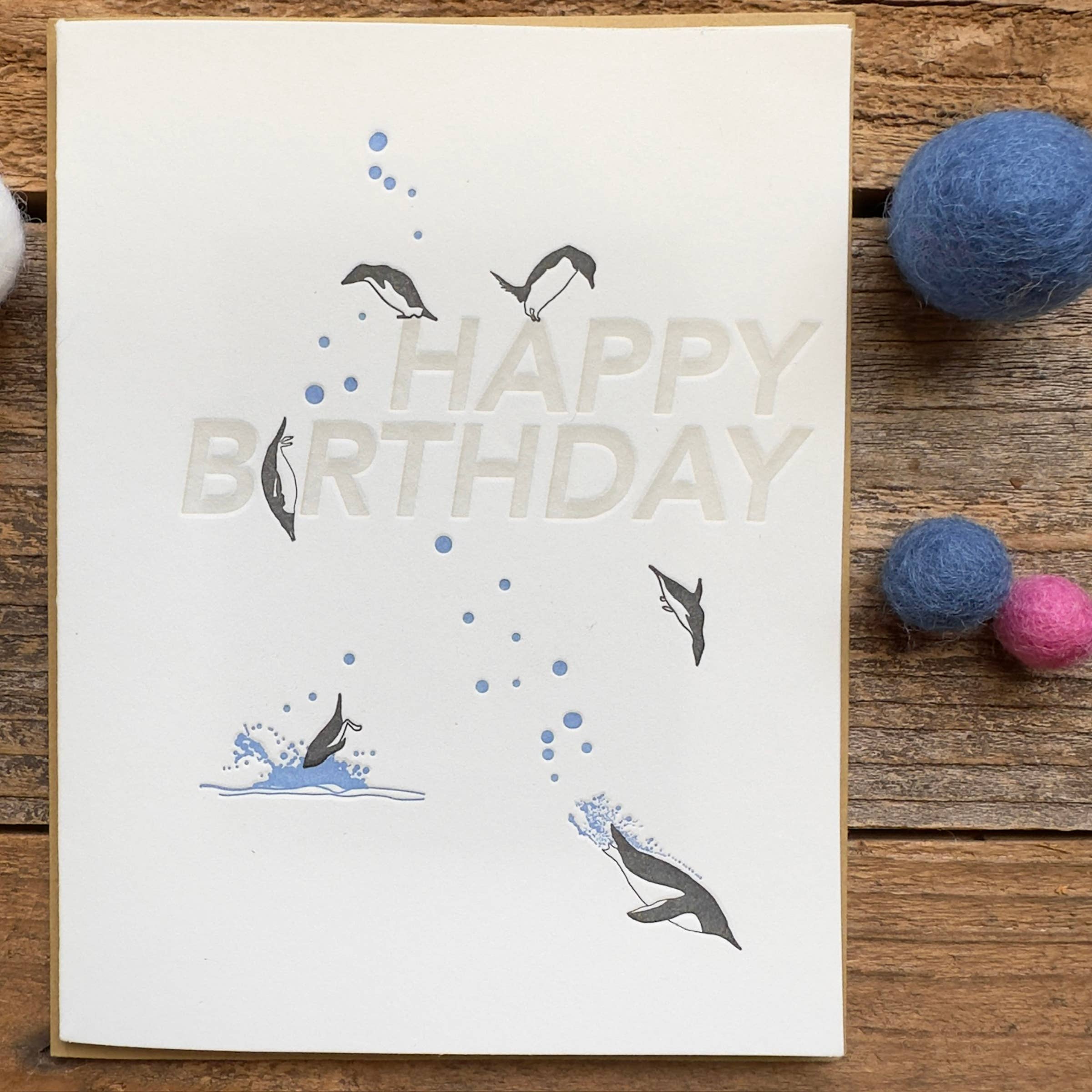 Lark Press - Wholesale Birthday Card - Happy Birthday Penguins Letterpress Greeting Card0