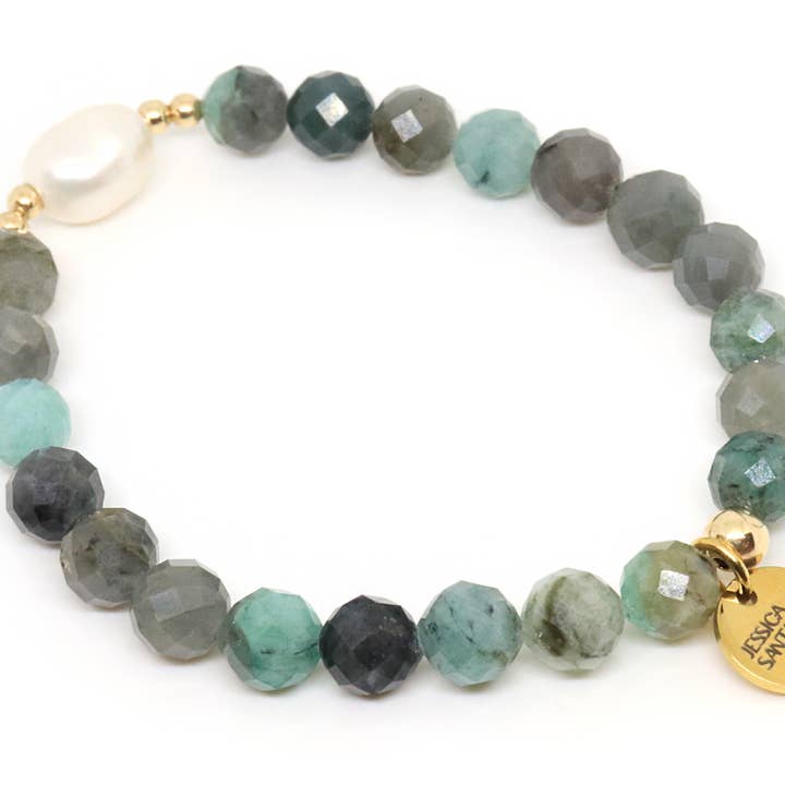 Dark green Emerald Bracelet with baroque pearl for wholesale by Jessica Santander